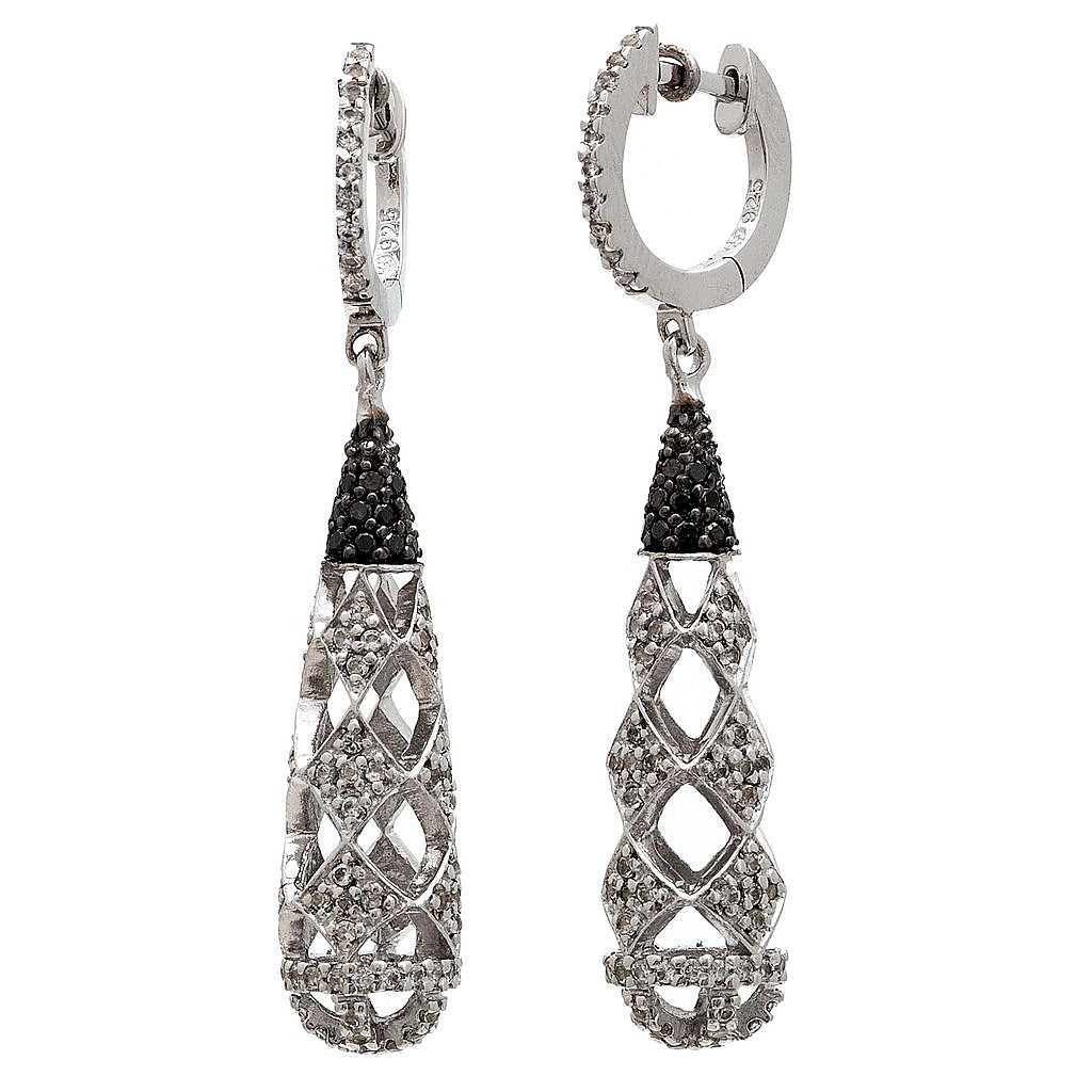 Aretes de Dama Plata 925 Largos Gota Calada con Circonios Blancos y Negros