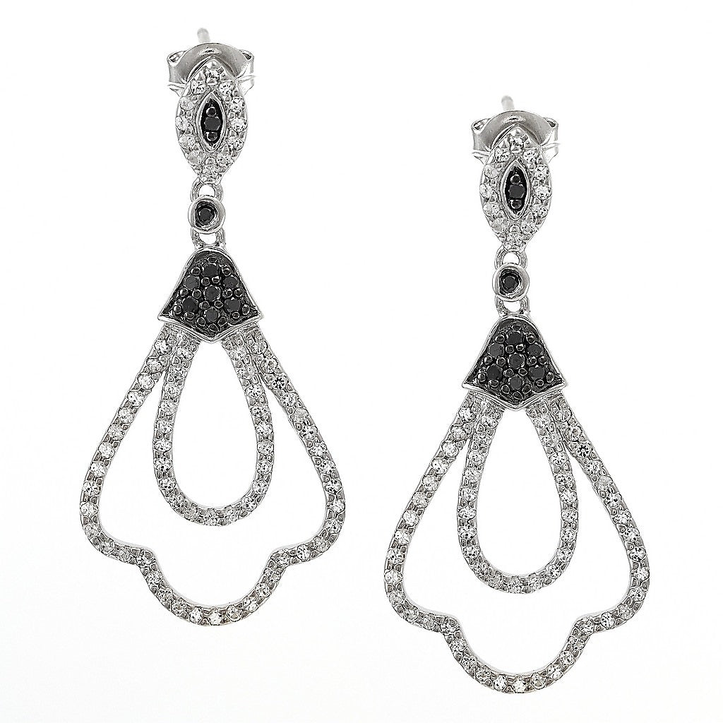 Aretes de Dama Plata 925 Largos Gota Calada con Topacio Blanco y Piedras Negras