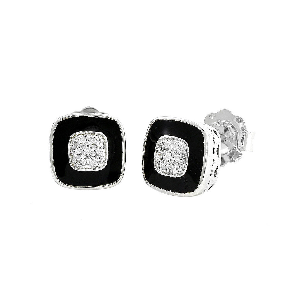 Aretes de Dama Plata 925 Topos Cuadrados Esmalte Negro y Circonios