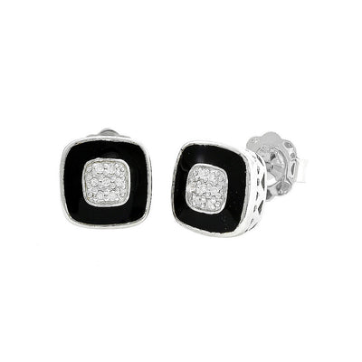 Pre Orden - Aretes de Dama Plata 925 Topos Cuadrados Esmalte Negro y Circonios
