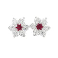 Aretes de Dama Plata 925 Topos Flor con Piedra Roja al Centro
