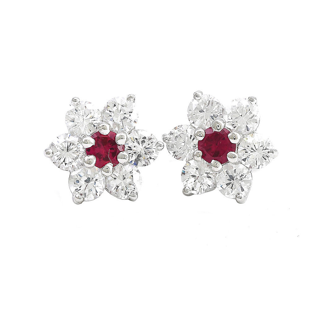 Aretes de Dama Plata 925 Topos Flor con Piedra Roja al Centro