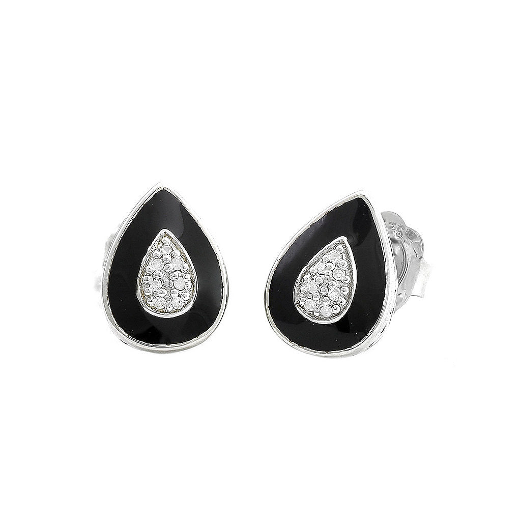 Aretes de Dama Plata 925 Topos Gota Esmalte Negro y Circonios