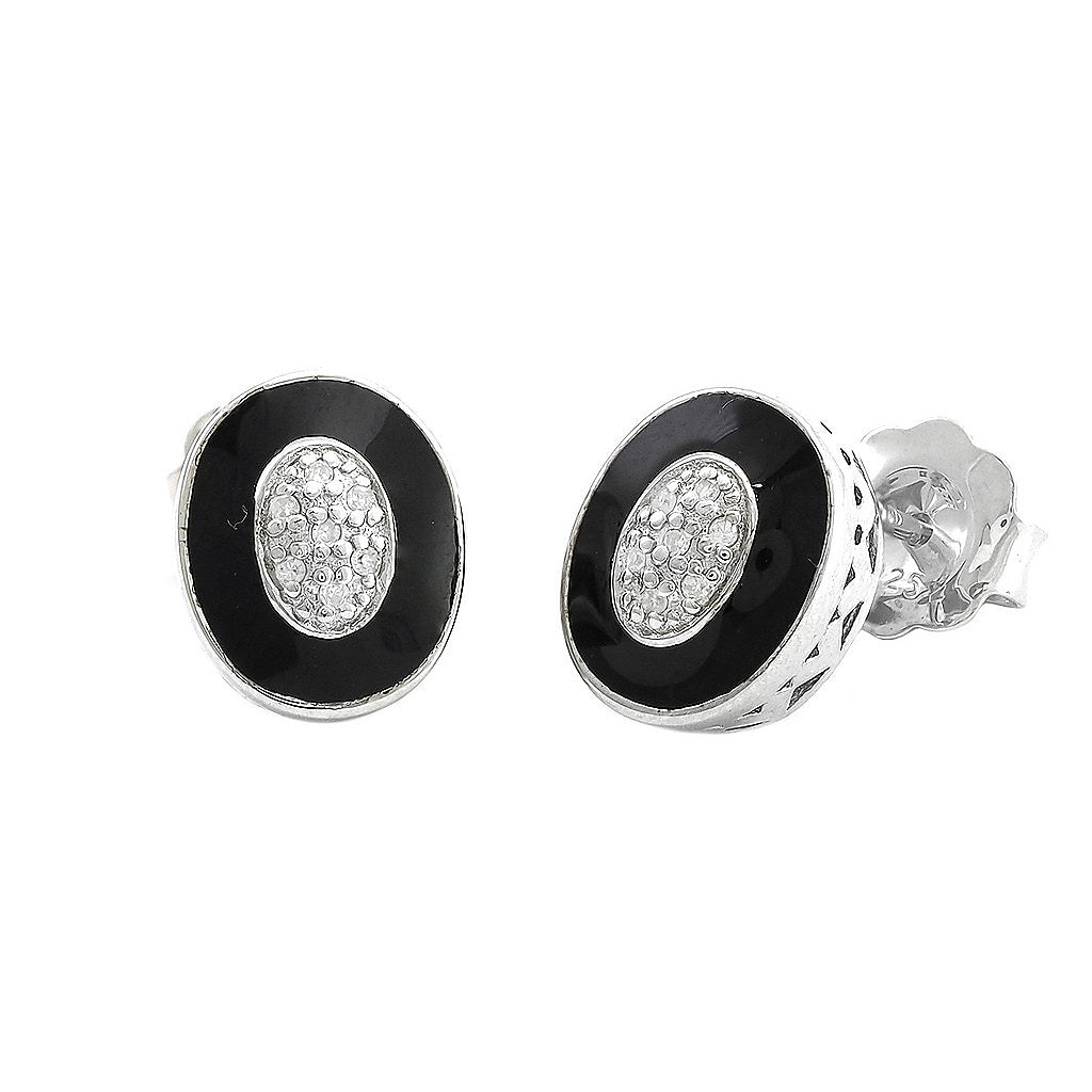 Aretes de Dama Plata 925 Topos Ovalados Esmalte Negro y Circonios