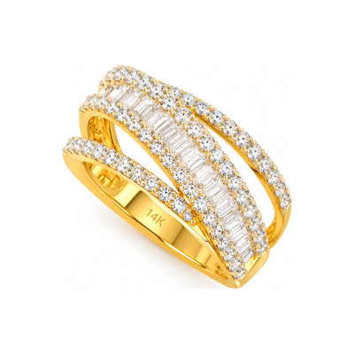 Anillo de Dama Oro 14k Bandas Entrecruzadas Baguette y Redondos con Diamantes Naturales