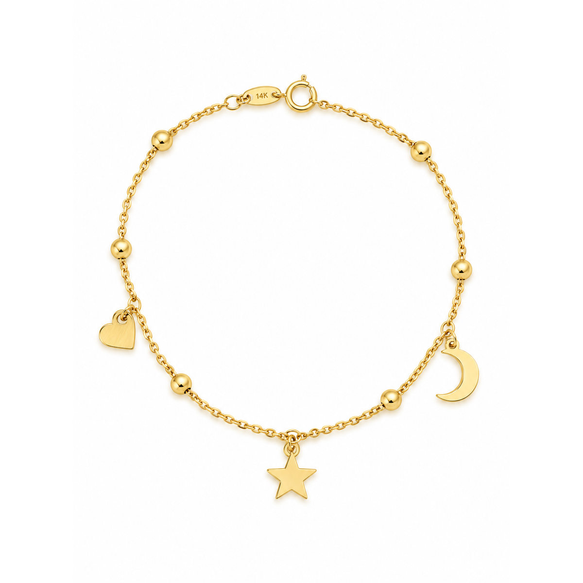 Brazalete de Dama Oro 14k con Dijes de Corazón, Estrella y Luna