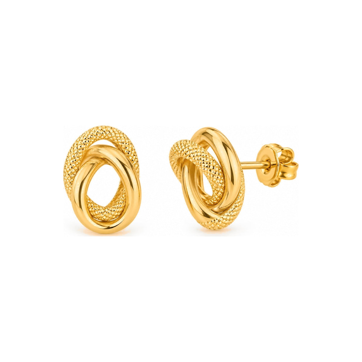 Aretes de Dama Oro 14k Dos Óvalos Entrelazados Liso y Diamantado