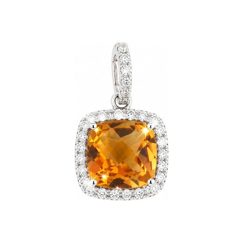 10.3x10.2mm Dije Citrina Cojín Oro Blanco 14k con Halo de Diamantes Naturales