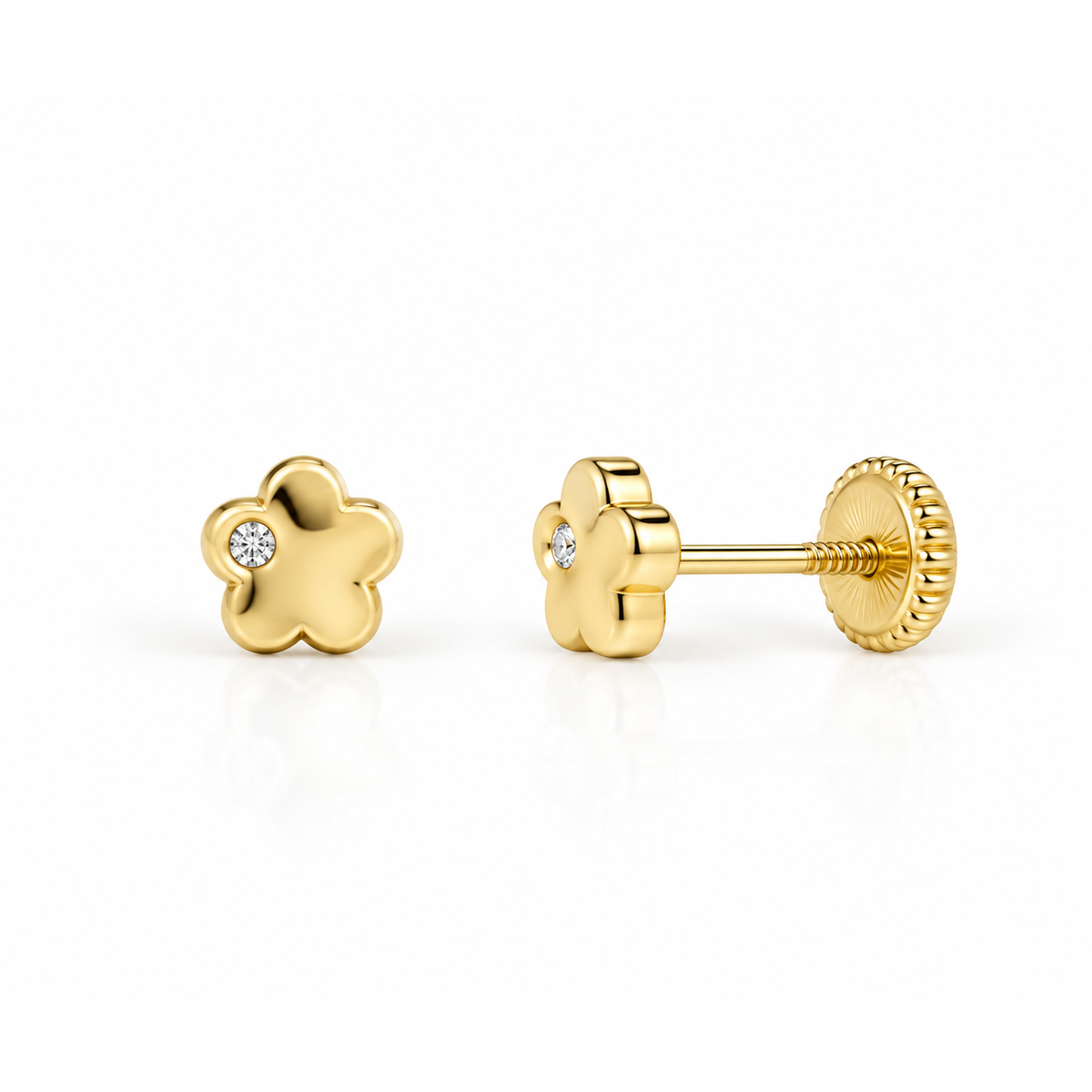 Aretes para Bebé Oro 14k Flor Lisa con Circonio Lateral