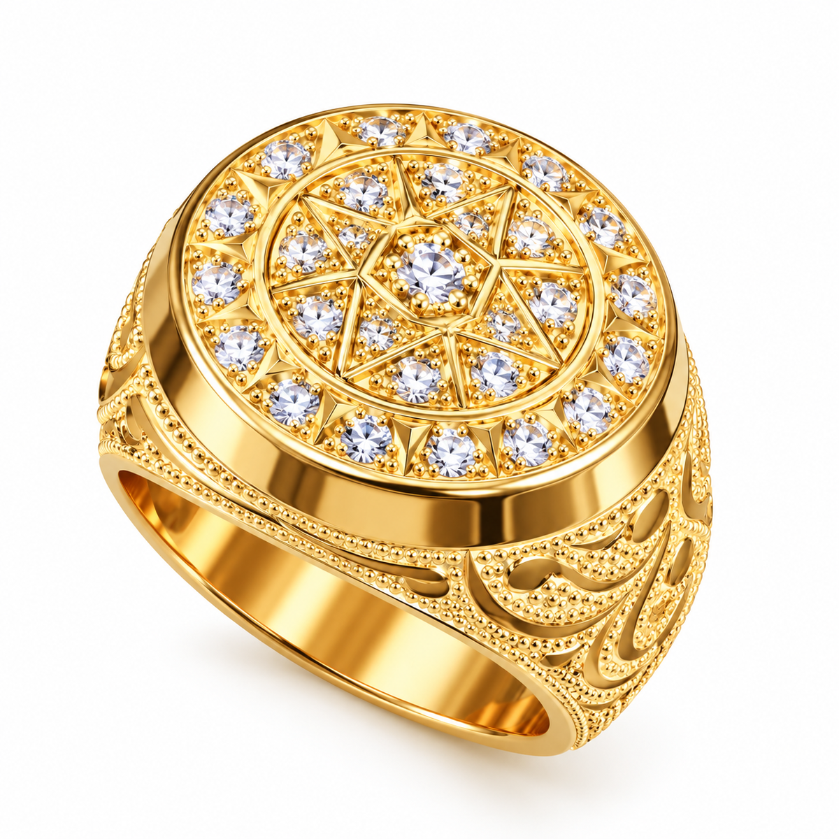 Anillo de Hombre Oro 10k Sello Estrella de David con Circonios