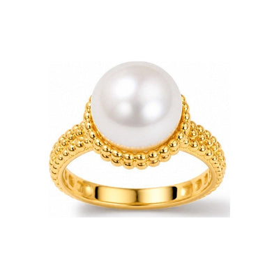 Anillo de Dama Oro 14k Perla con Borde de Bolitas