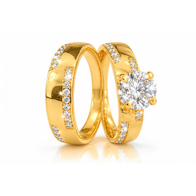 Set Nupcial Oro 10k Solitario Redondo con Alianza Ancha Canal