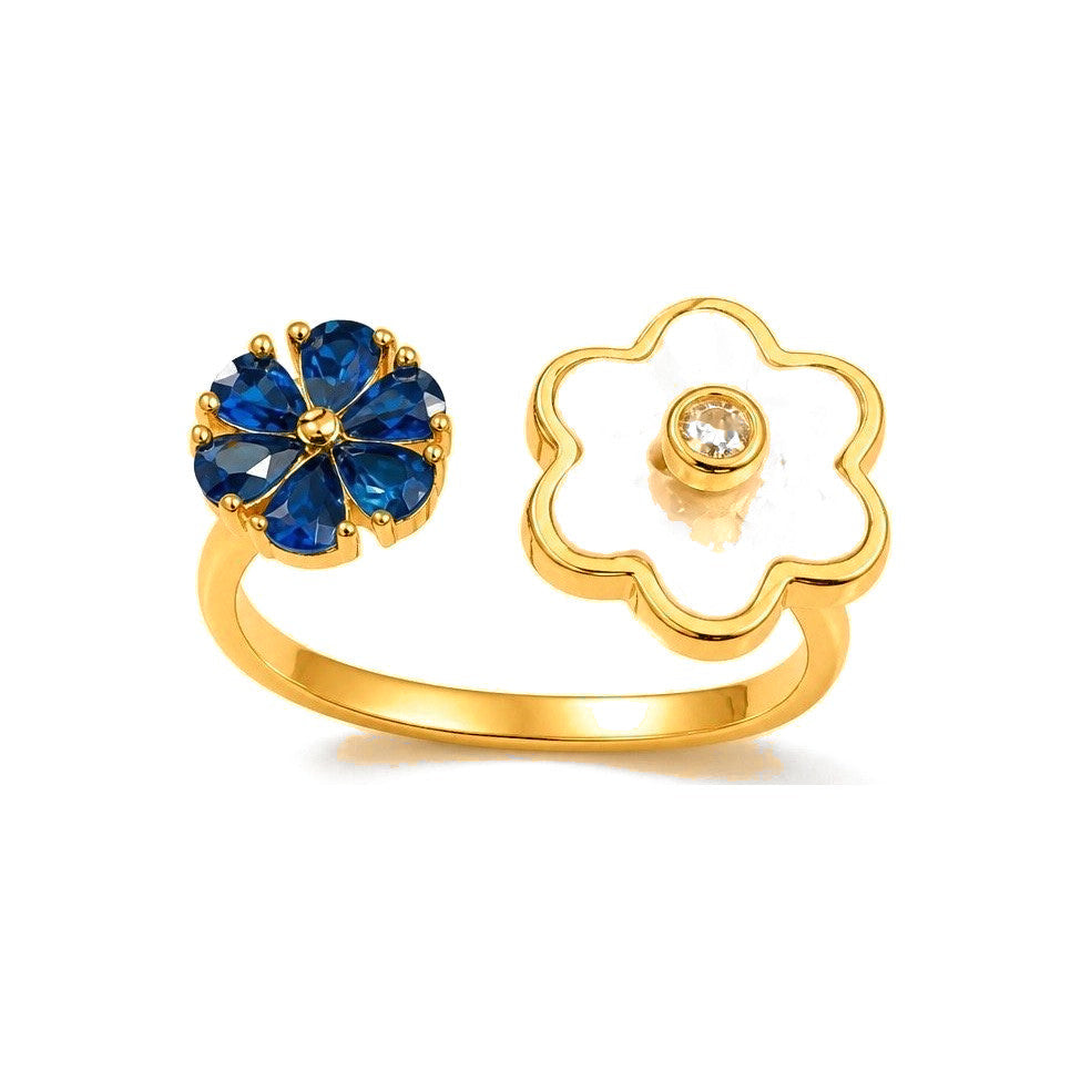 Anillo de Dama Oro 14k Flores Azul y Blanca