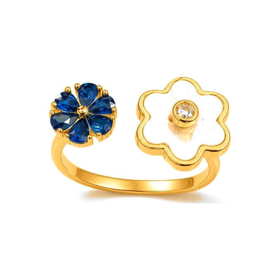 Anillo de Dama Oro 14k Flores Azul y Blanca