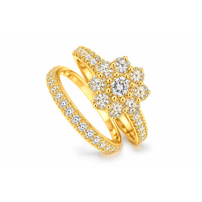 Dúo de Matrimonio para Dama Oro 10k Racimo Floral con Banda Eternity