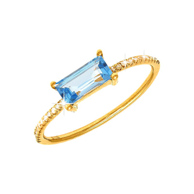 3.1x7.1mm Anillo de Dama Oro 14k Barra con Topacio Azul y Diamantes Naturales