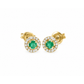 7mm Aretes de Dama Oro 14k Esmeralda Redonda con Halo de Diamantes Naturales