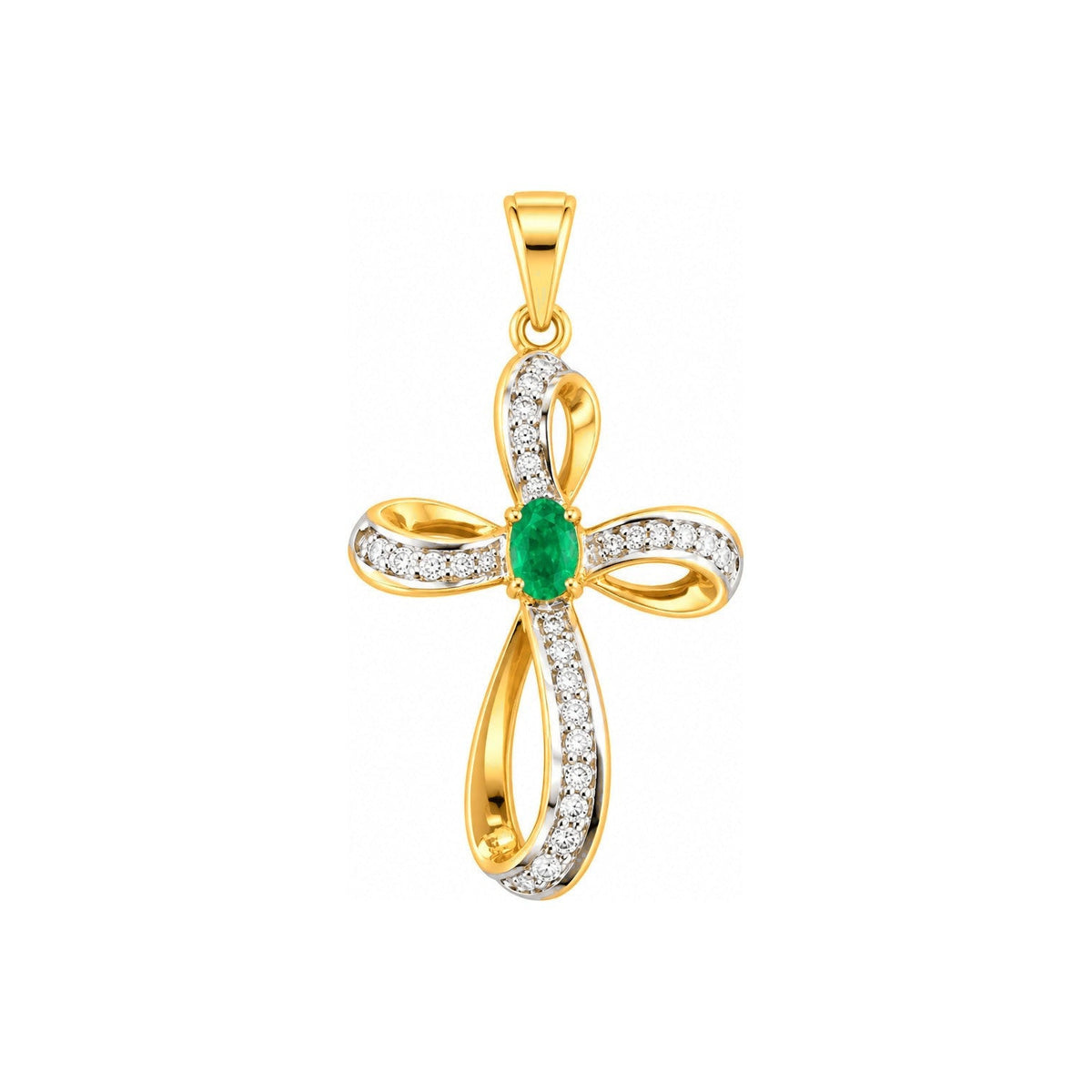 Dije Cruz Oro 10k Cinta Bicolor con Esmeralda y Diamantes Naturales