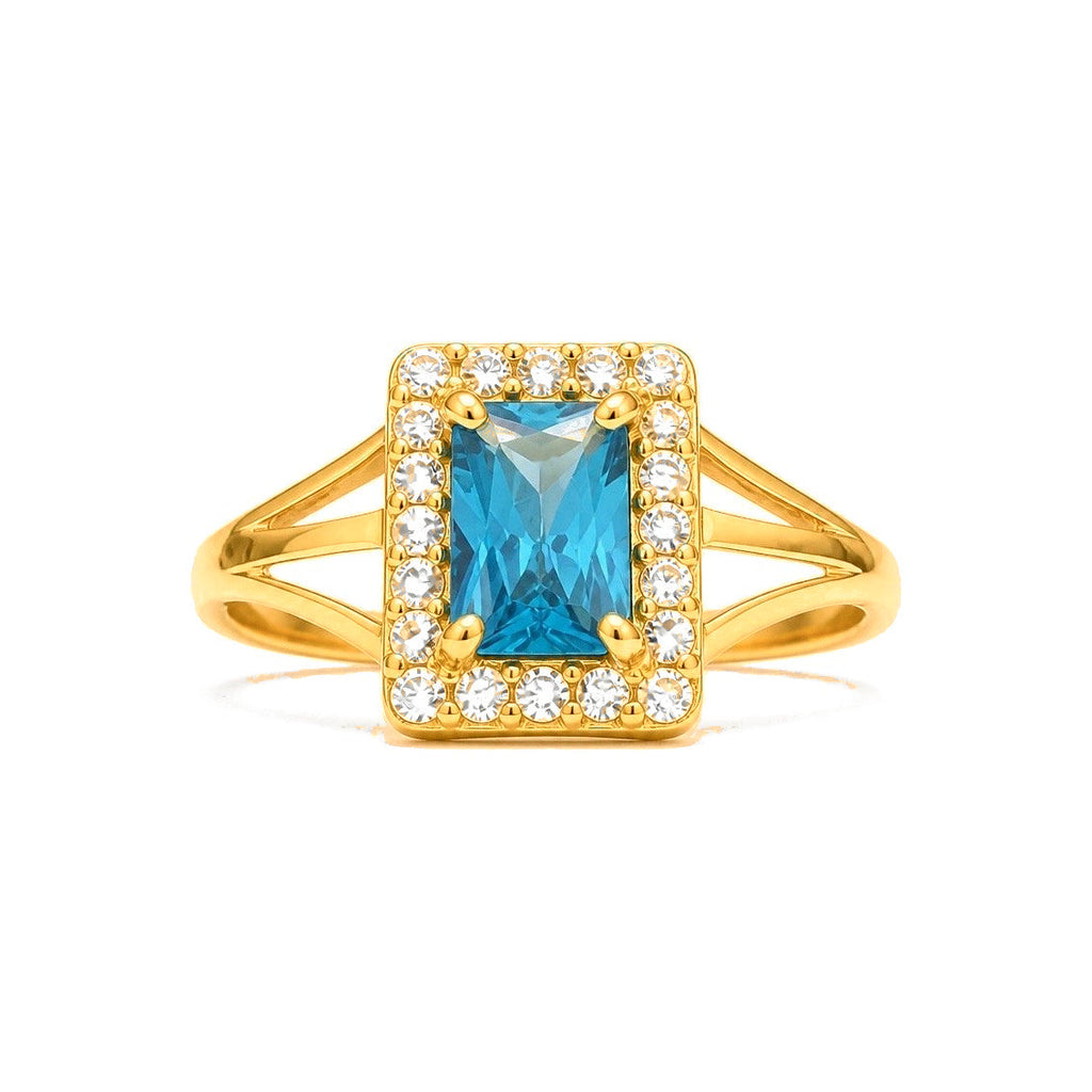 Anillo de Dama Oro 10k Circonia Azul Rectangular con Halo