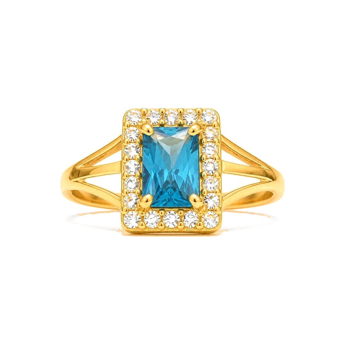 Anillo de Dama Oro 10k Circonia Azul Rectangular con Halo