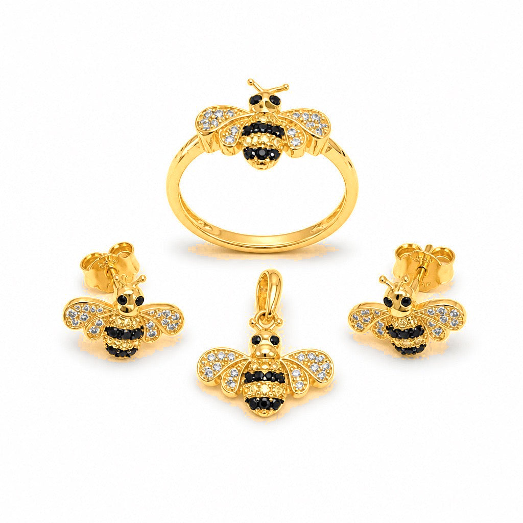 Set Oro 14k Abeja con Circonios (Anillo, Aretes y Dije)