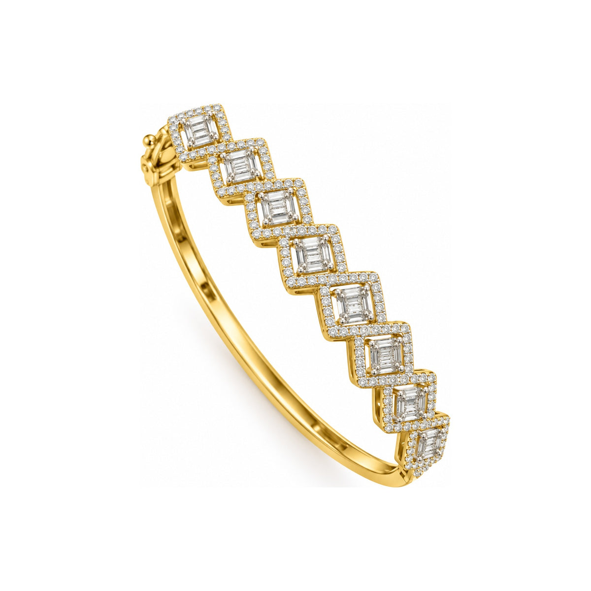 Brazalete de Dama Oro 14k Rígido Rombos Baguette con Halo de Diamantes Naturales