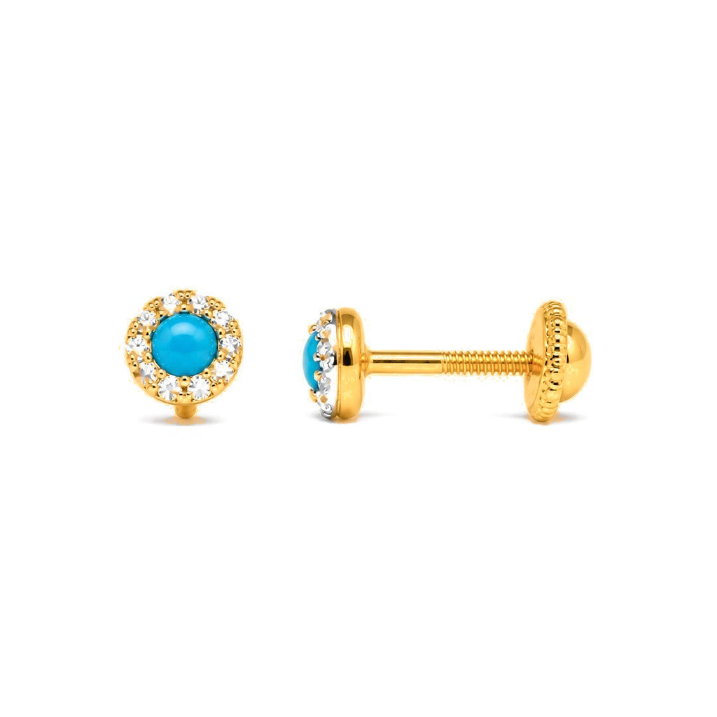 Aretes para Bebé Oro 14k Circonio Azul con Halo
