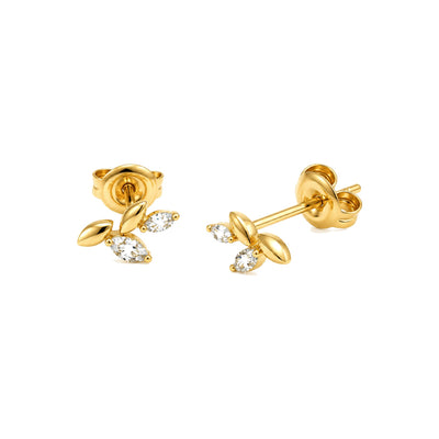 4x9mm Aretes de Dama Oro 14k Hojas Lisas con Diamantes Marquesa Naturales
