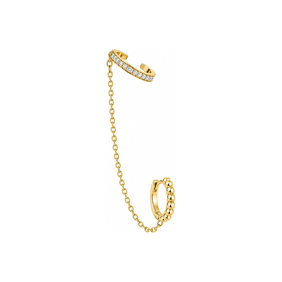 Arete de Dama Oro 10k Ear Cuff con Cadena y Huggie de Bolitas