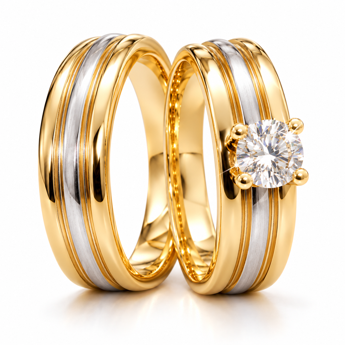 Duo de Anillos de Matrimonio Oro Dos Tonos 18k con Diamante Natural