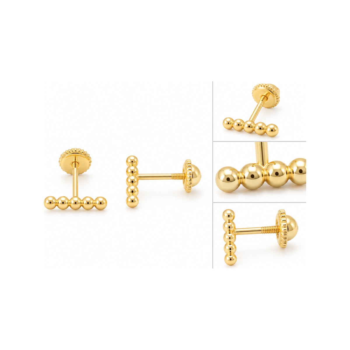Aretes de Dama Oro 14k Barra de Bolitas con Tornillo