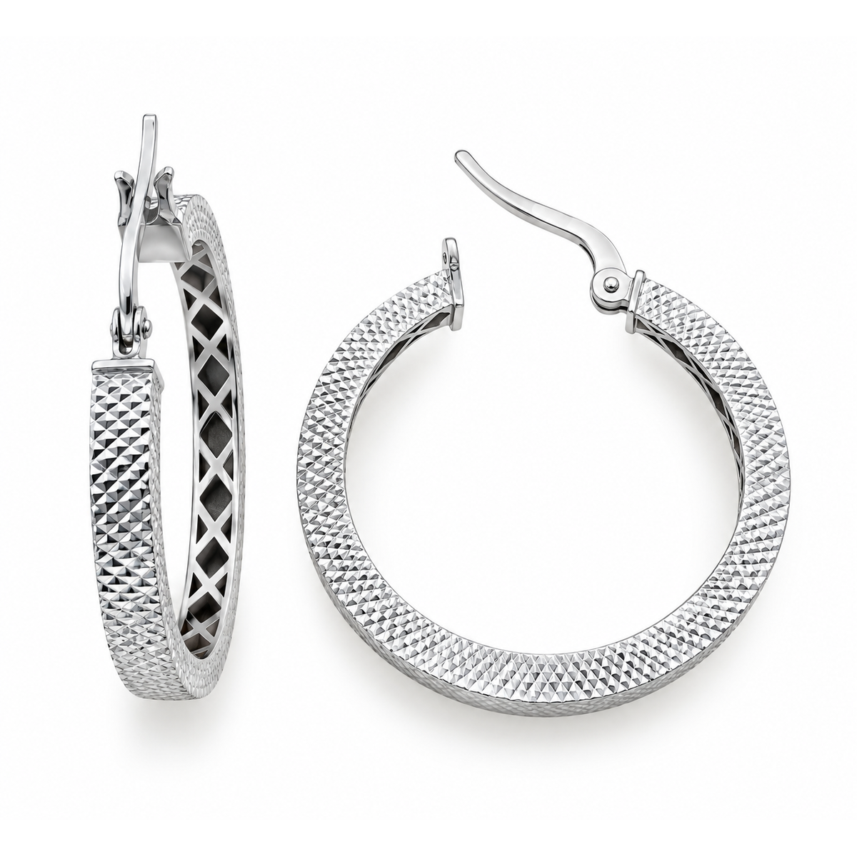 Aretes de Dama Oro Blanco 10k Argolla Plana Textura Diamantada