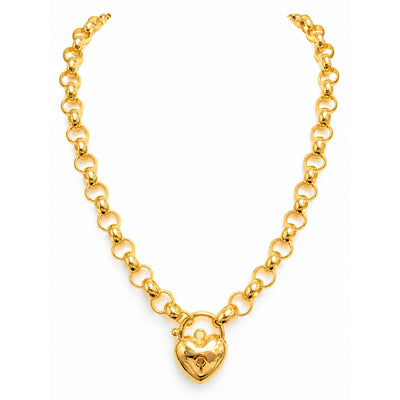 Cadena Collar Oro 10k Eslabón Rolo con Candado de Corazón