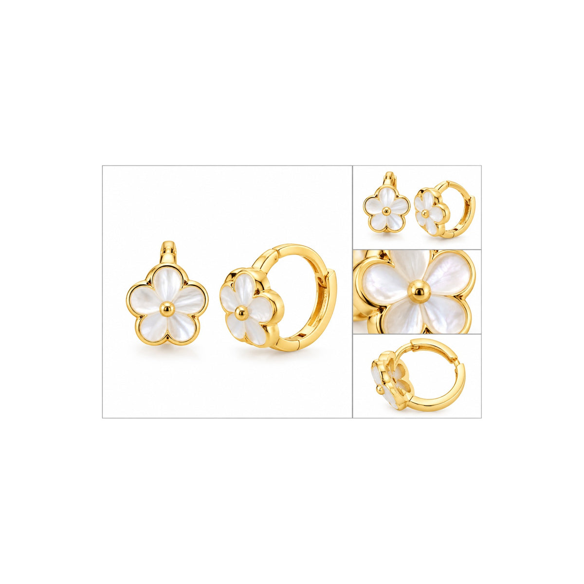 Aretes de Dama Oro 10k Huggie Flor de Nácar