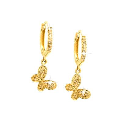 10x22mm Aretes de Dama Oro 14k Argolla Mariposa con Diamantes Naturales