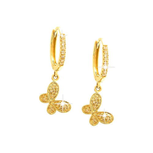10x22mm Aretes de Dama Oro 14k Argolla Mariposa con Diamantes Naturales