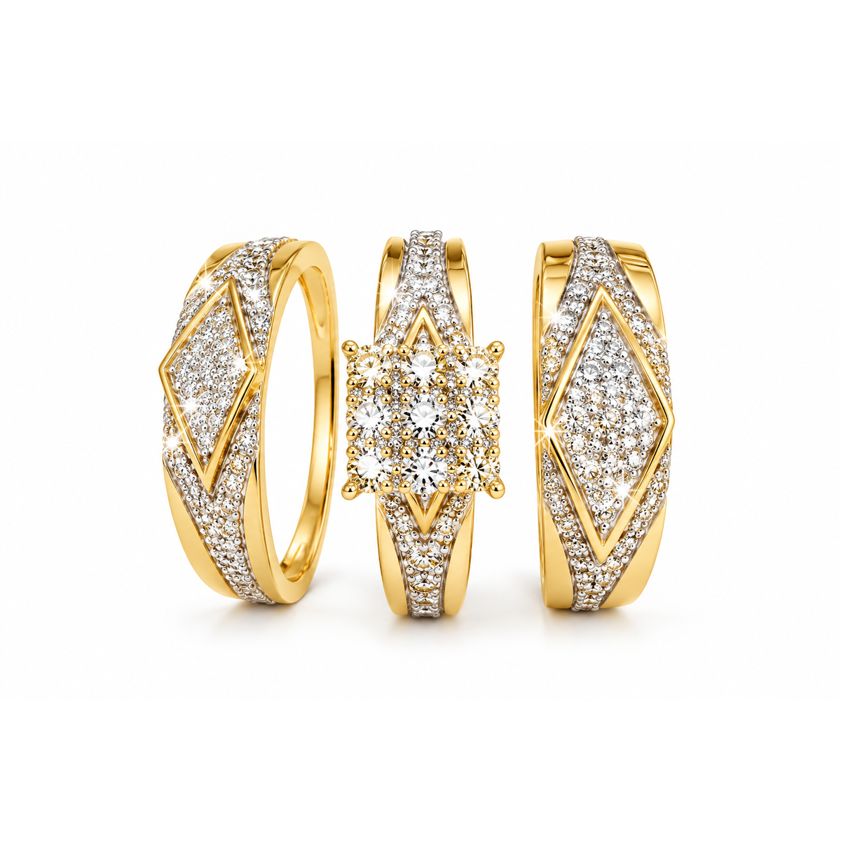 Trio de Anillos 14k de Matrimonio con Rombos de Diamantes Naturales