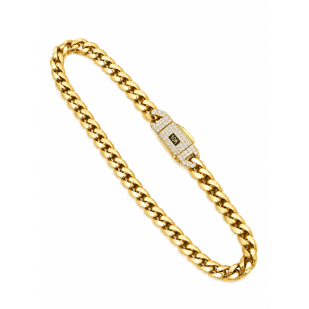 Brazalete Oro 10k Cubana con Broche de Circonios 4mm 7.5 Pulgadas