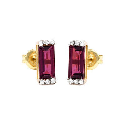 3x9mm Aretes de Dama Oro Rosa 14k Barra de Rodolita con Diamantes Naturales