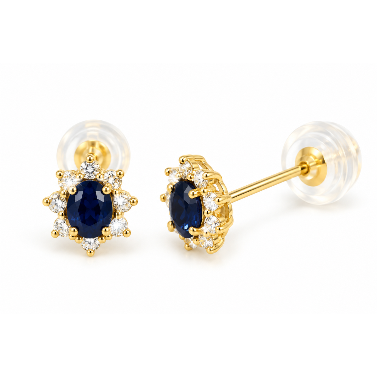 Aretes de Dama Oro 18k Halo Circonio Azul con Diamantes Naturales