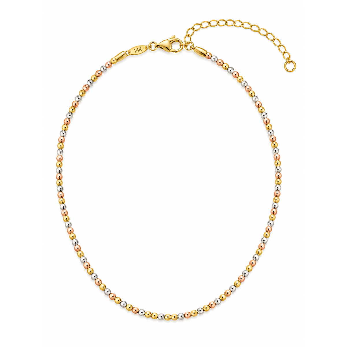 Cadena Oro 14k Bolitas Tricolor 12 Pulgadas con Extensión a 16