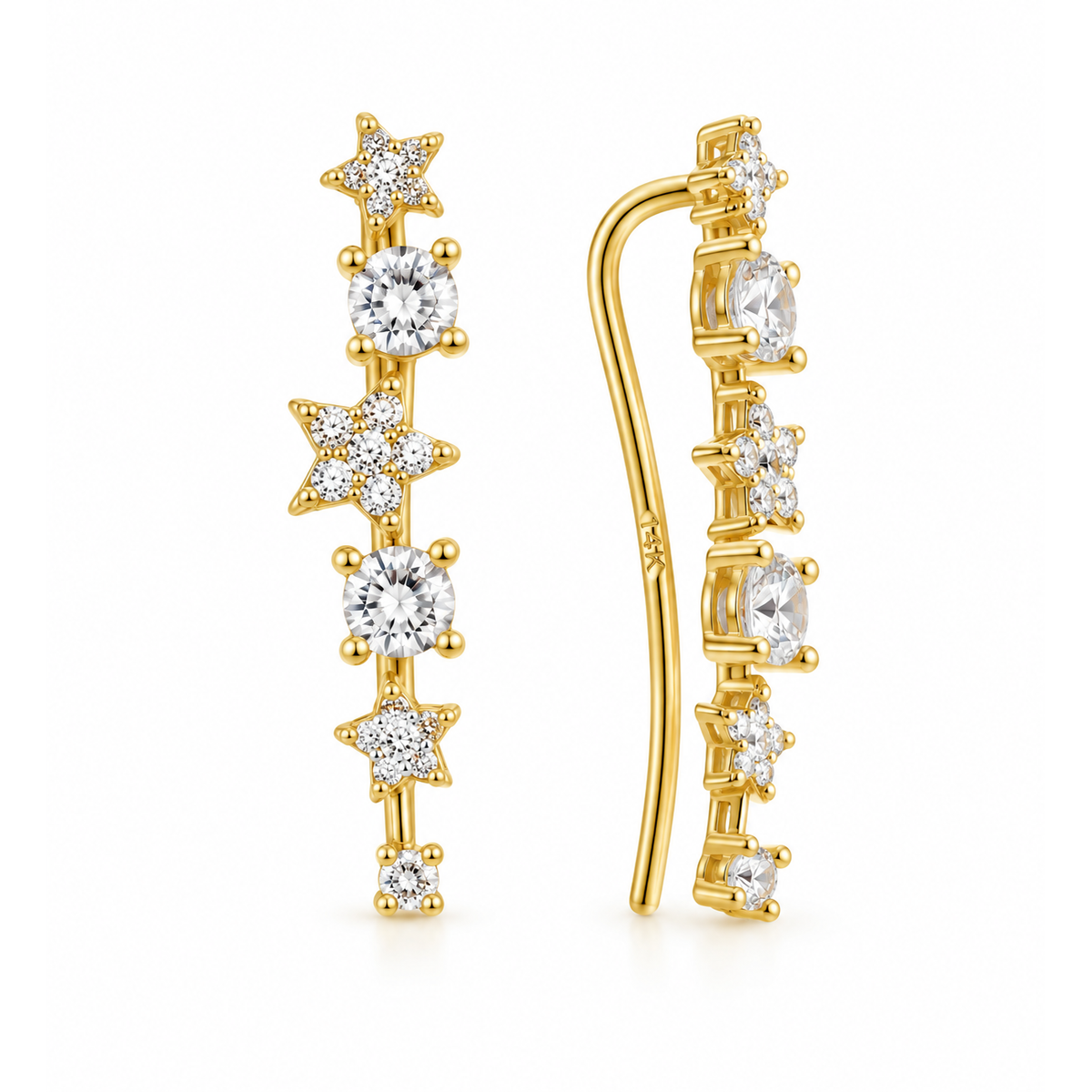 Aretes de Dama Oro 10k Trepador Estrellas y Circonios
