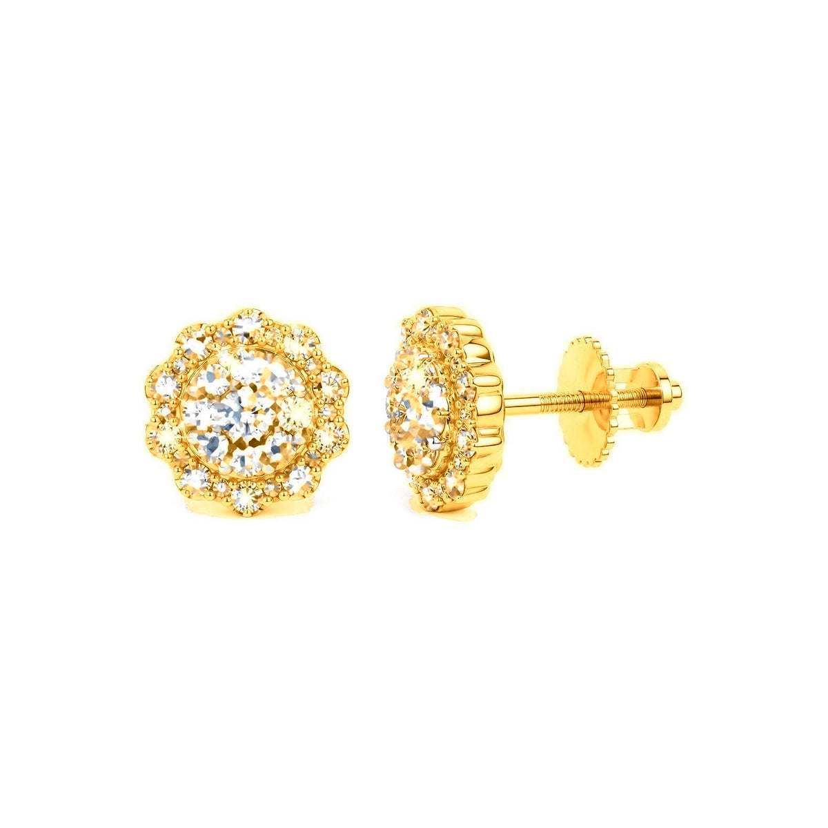 Aretes de Dama Oro 10k Racimo con Borde de Flor y Diamantes Naturales