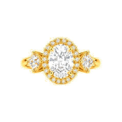 Anillo de Matrimonio para Dama Oro 10k Solitario Oval con Halo y Piedras Kite Laterales