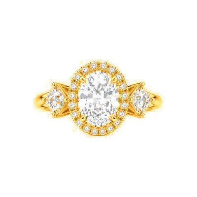 Anillo de Matrimonio para Dama Oro 10k Solitario Oval con Halo y Piedras Kite Laterales