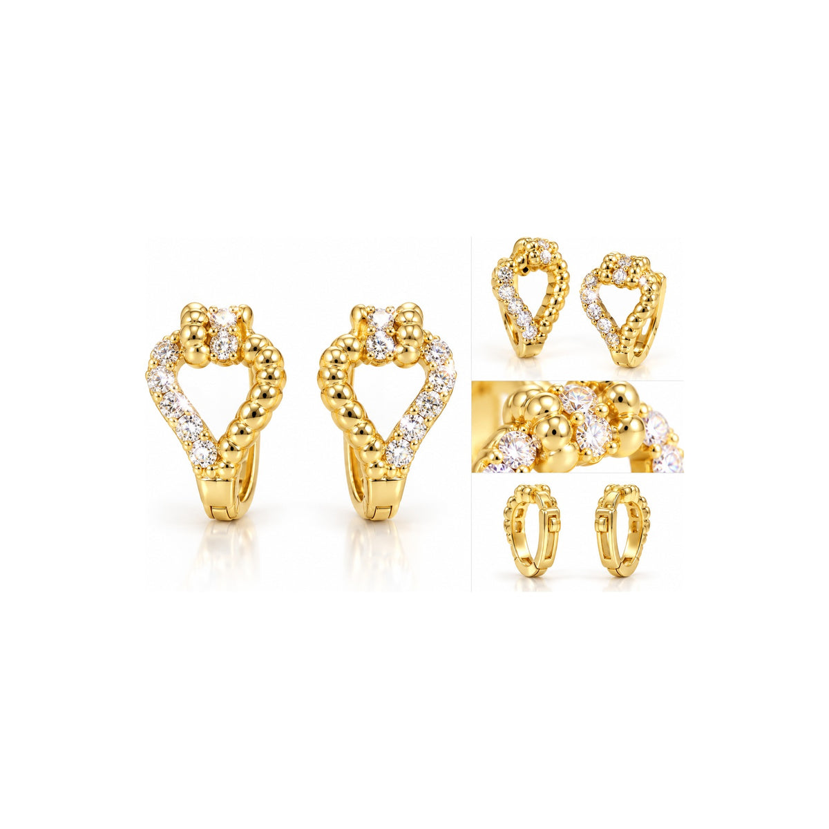 Aretes de Dama Oro 14k Huggie Corazón de Bolitas y Circonios