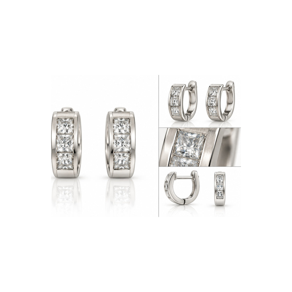 Aretes de Dama Oro Blanco 14k Huggie Canal con Circonios Princesa