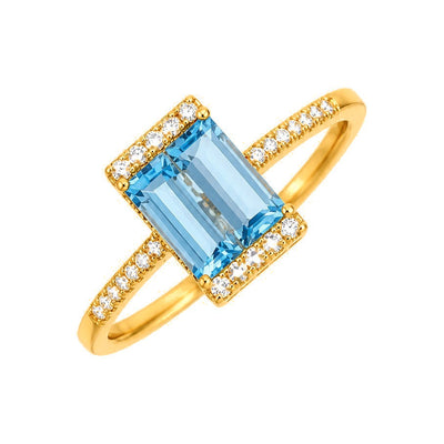 7x9.6mm Anillo de Dama Oro 14k Topacio Azul Rectangular con Diamantes Naturales