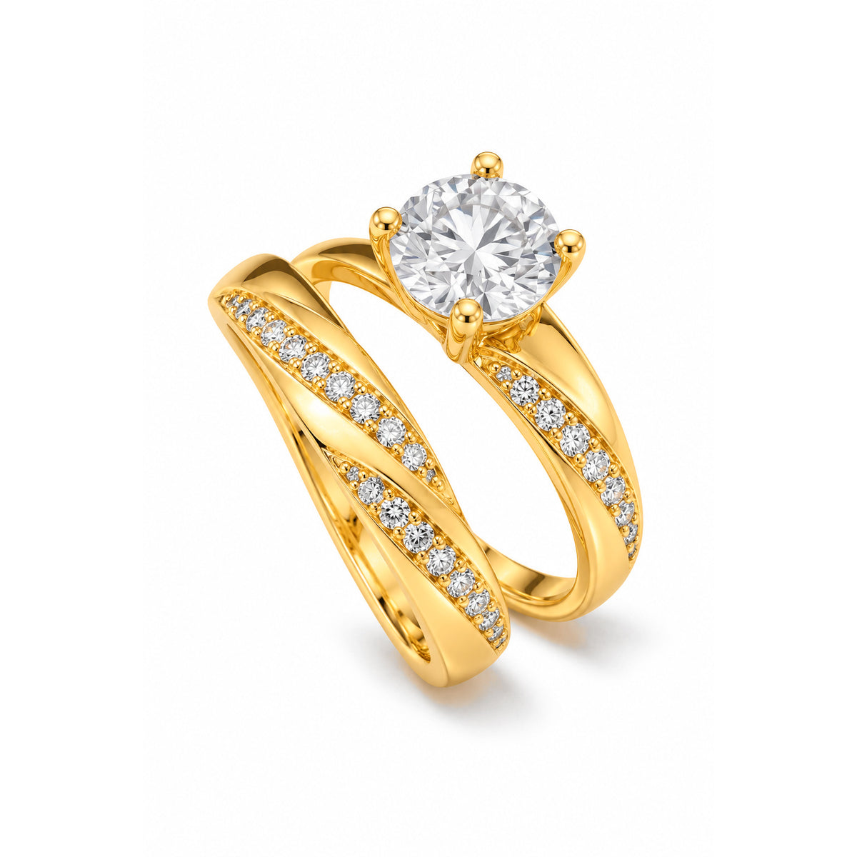 Set Anillo Matrimonio Oro 10k Solitario y Banda Diagonal