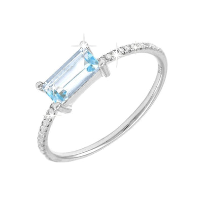 3.1x7.1mm Anillo de Dama Oro Blanco 14k Barra con Sky Blue Topaz y Diamantes Naturales